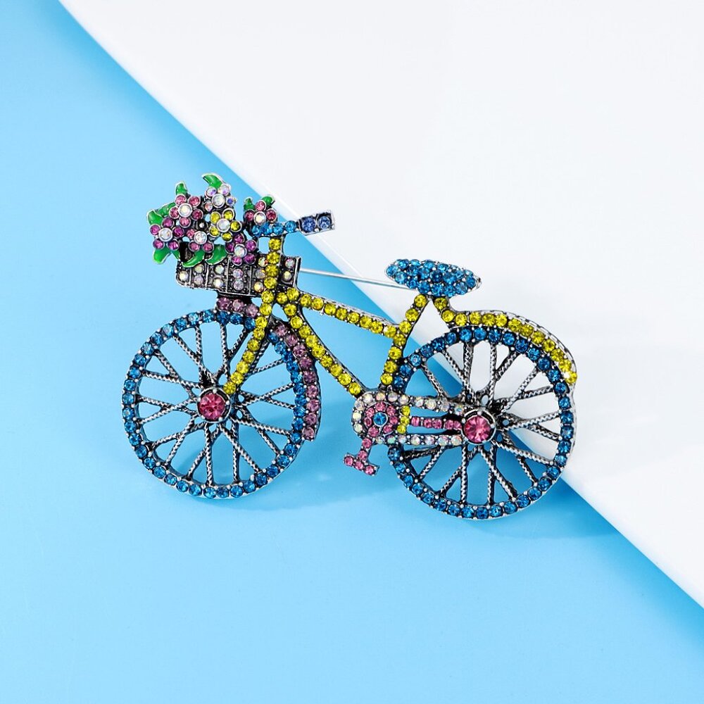 Vintage-Inspired Bicycle Brooch with Colorful Crystals and Flowers